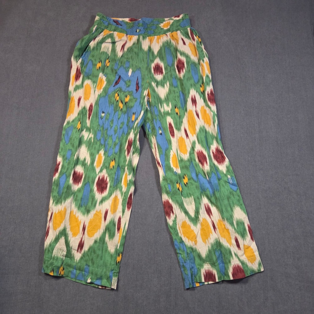 Christian Siriano Pants Womens Small Green Ikat Linen Blend Wide Leg Elastic